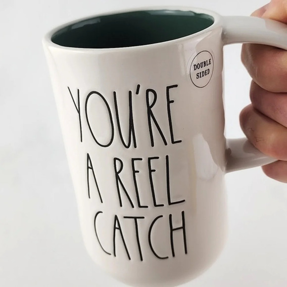 Rae Dunn Artisan Double Sided YOU'RE A REEL CATCH Fishing Tall White Green Mug - Picture 9 of 12